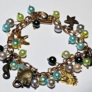 Ocean Sealife Charmed Chunky Bracelet with Gold and Multicolor Beads 7.5" Long